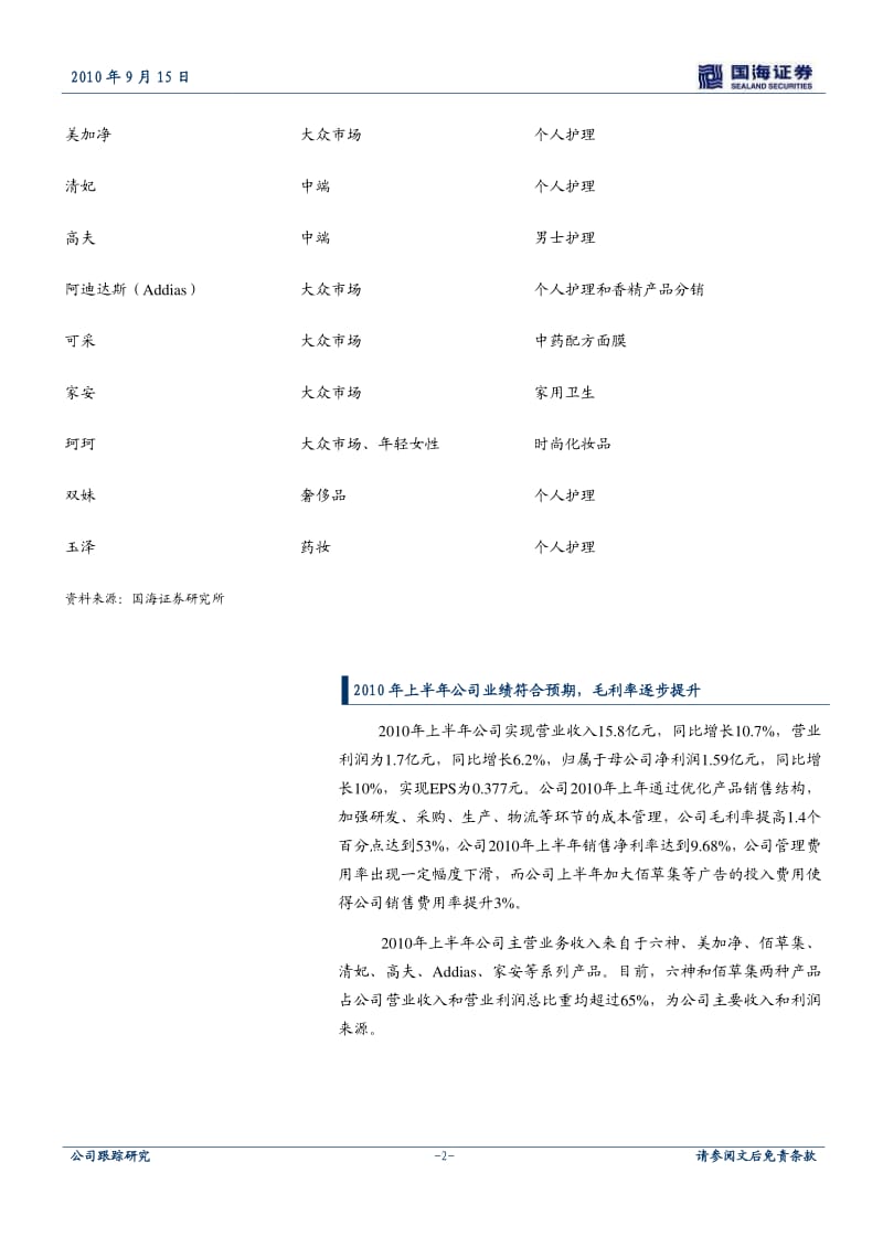 国海证券-上海家化-600315-品牌梯队布局合理,日化龙头长期稳健增长-100915.pdf_第3页