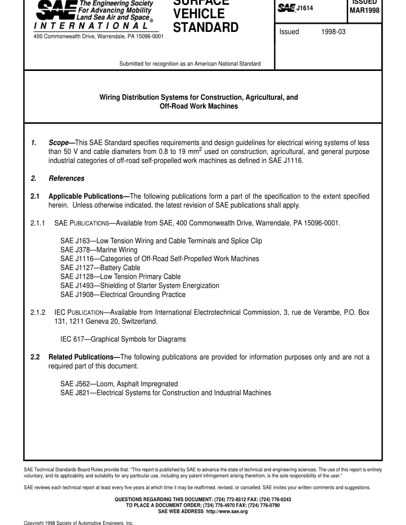 SAE J1614-1998 Wiring Distribution Systems for Construction, Agricultural, and Off-Road Work Machines.pdf_第1页