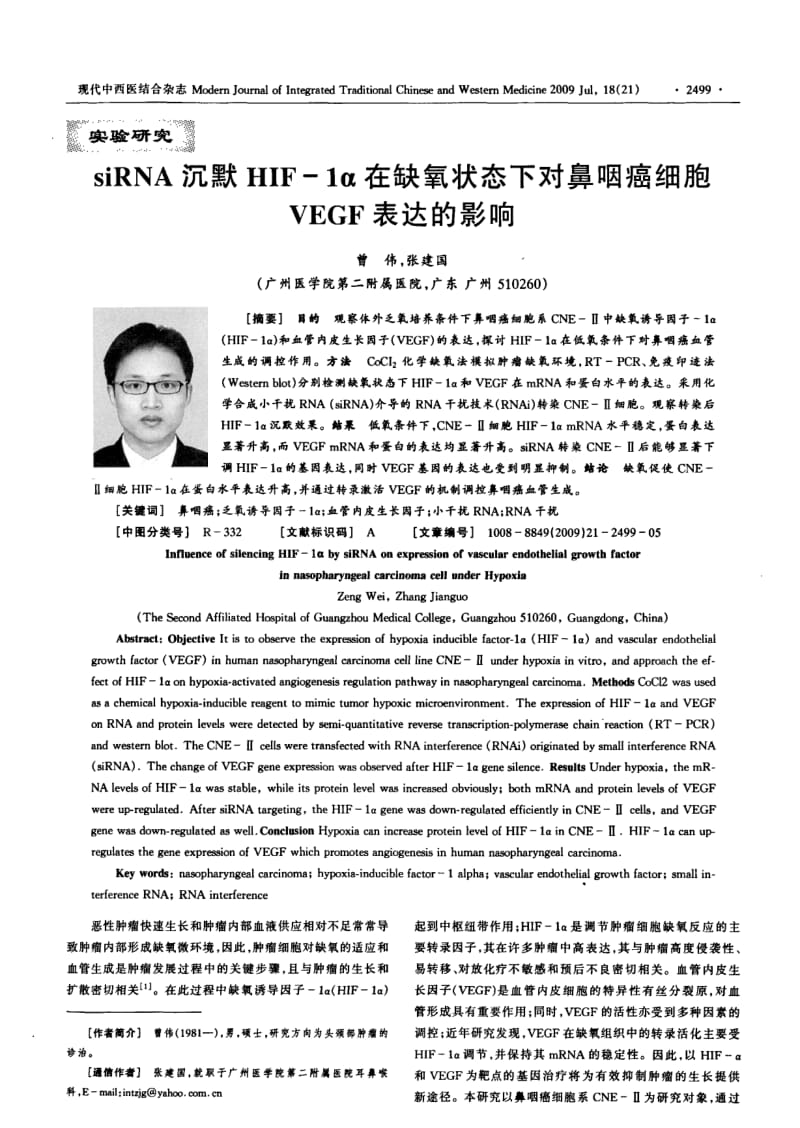 SIRNA沉默HIF-1α在缺氧状态下对鼻咽癌细胞VEGF表达的影响.pdf_第1页