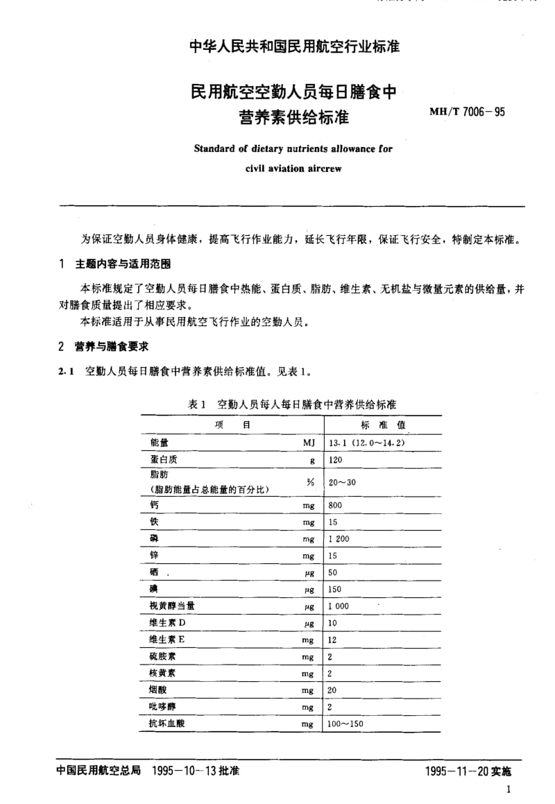 MH民用航空标准-MHT 7006-1995 民用航空空勤人员每日膳食中营养素供给标准1.pdf_第2页