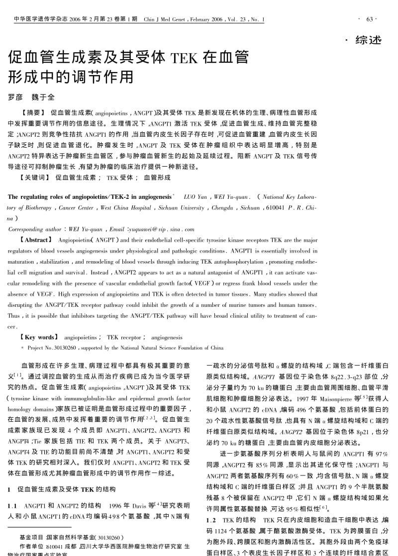 促血管生成素及其受体TEK在血管形成中的调节作用.pdf_第1页