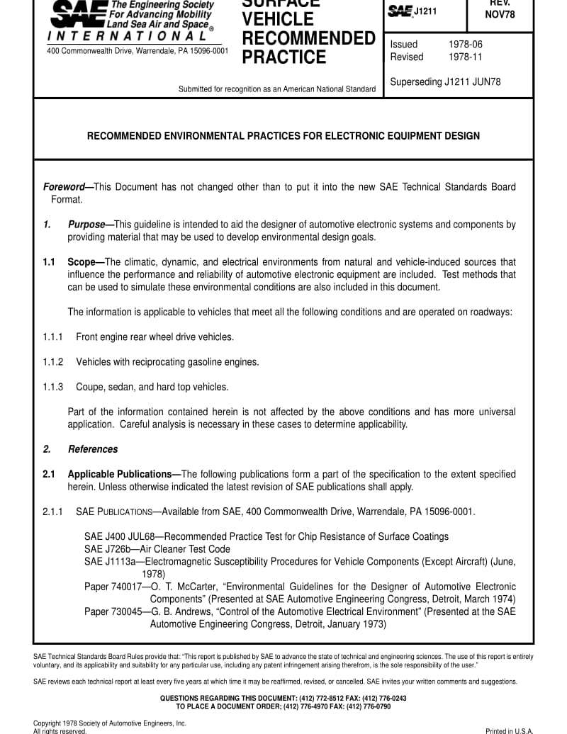 SAE J1211-1978 RECOMMENDED ENVIRONMENTAL PRACTICES FOR ELECTRONIC EQUIPMENT DESIGN.pdf_第1页