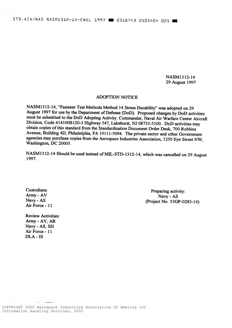 NASM 1312-14-1997 Fastener Test Methods - Method 14 Stress Durability Internally Threaded Fasteners.pdf_第1页