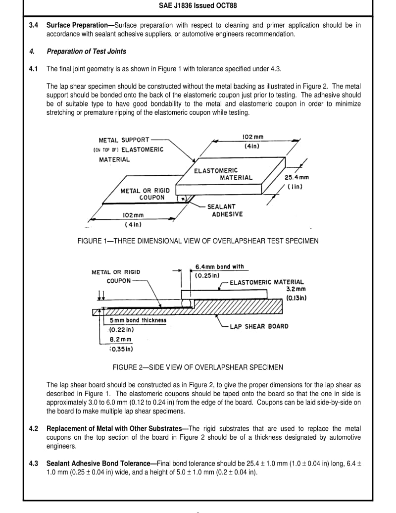 SAE J1836-1988 OVERLAP SHEAR TEST FOR SEALANT ADHESIVE BONDING OF AUTOMOTIVE GLASS ENCAPSULATING MATERIAL TO BODY OPENING.pdf_第2页