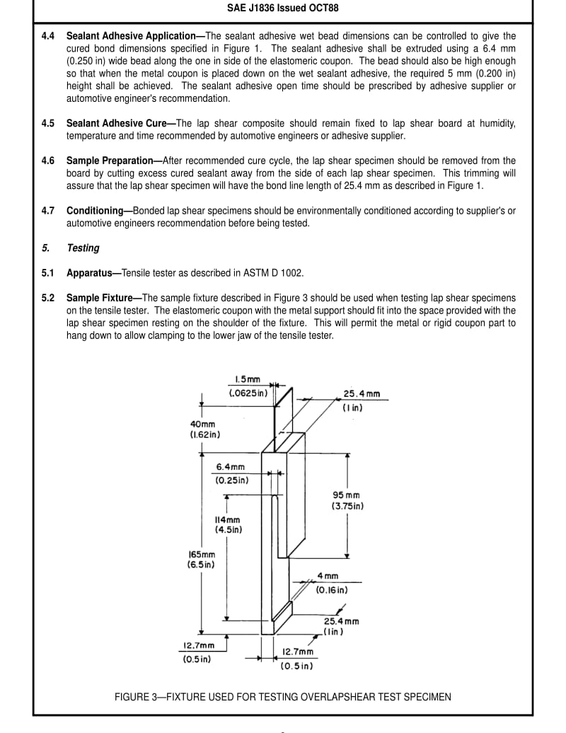 SAE J1836-1988 OVERLAP SHEAR TEST FOR SEALANT ADHESIVE BONDING OF AUTOMOTIVE GLASS ENCAPSULATING MATERIAL TO BODY OPENING.pdf_第3页