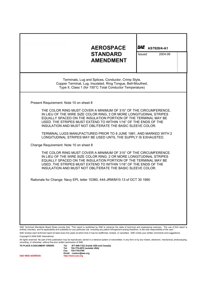 SAE AS 7928-4-1999 Terminals, Lug and Splices, Conductor, Crimp Style,Copper Terminal, Lug, Insulated, Ring Tongue, Bell-Mouthed,Type II, Class 1.pdf_第1页