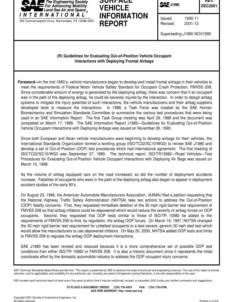 SAE J1980-2001 Guidelines for Evaluating Out-of-Position Vehicle Occupant Interactions with Deploying Frontal Airbags.pdf_第1页