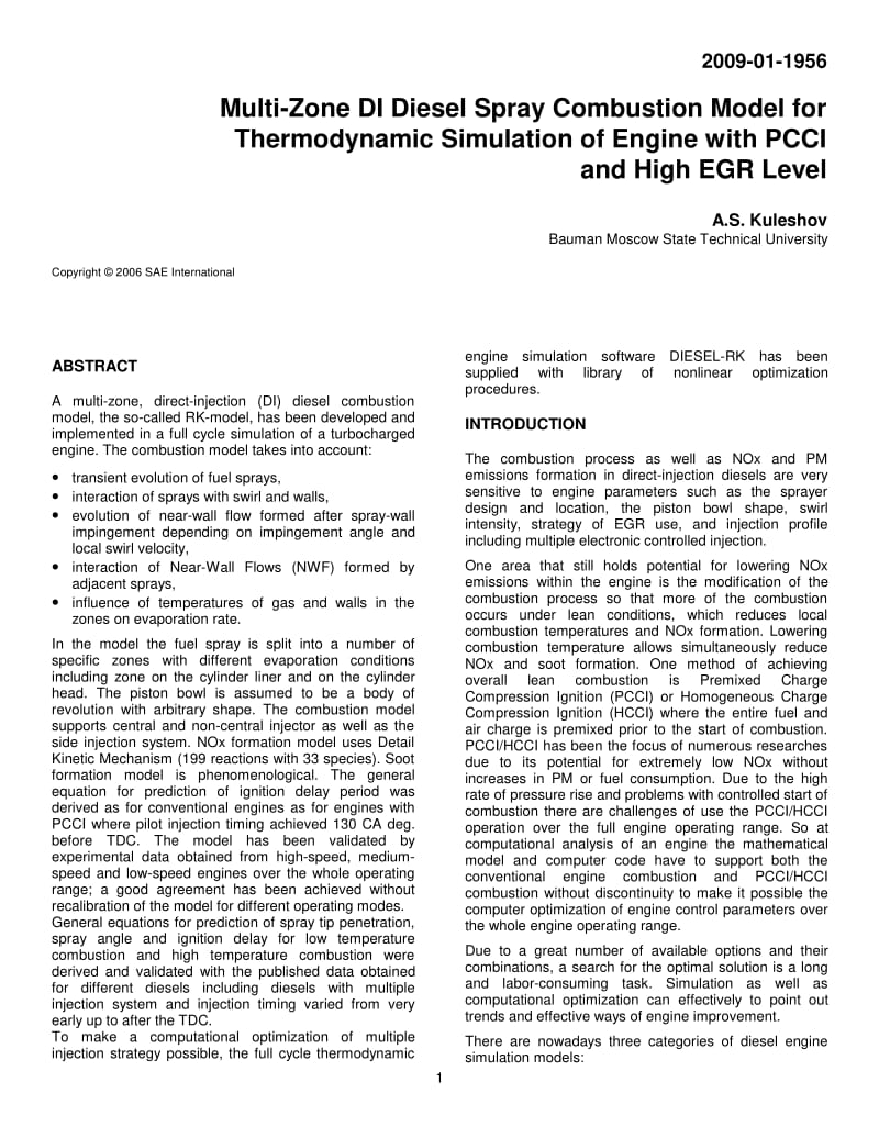 Multi-Zone DI Diesel Spray Combustion Model for Thermodynamic Simulation of Engine with PCCI and High EGR Level.pdf_第1页