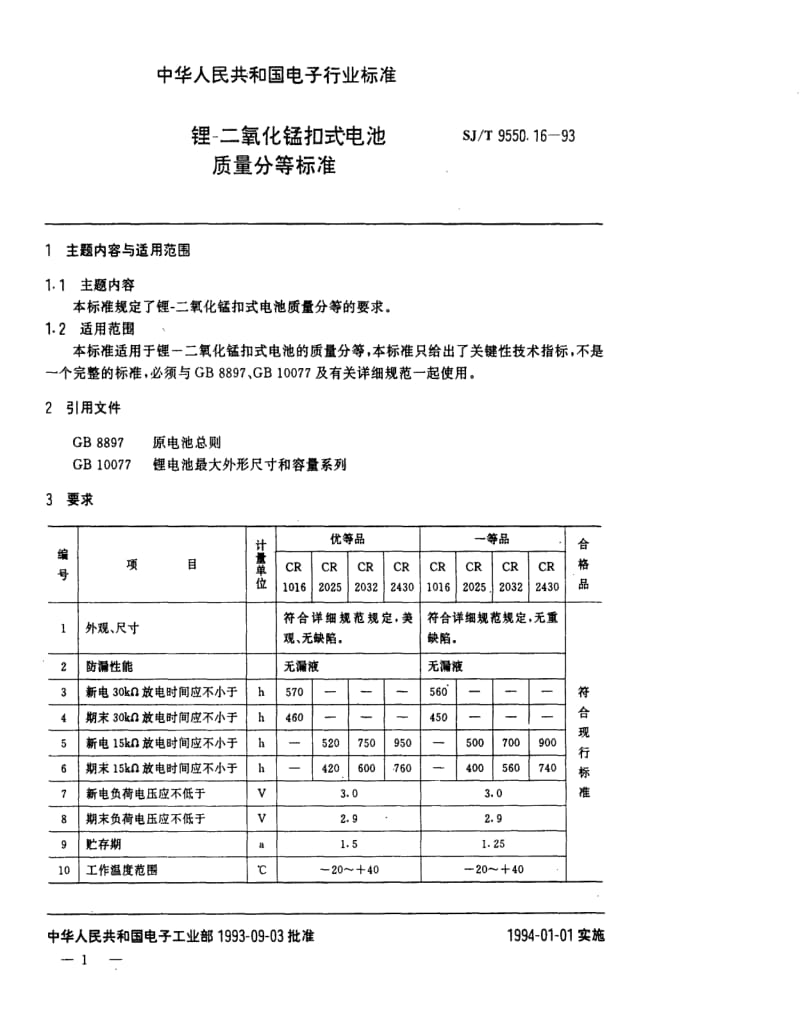 [电子标准]-SJT 9550.16-1993 锂－二氧化锰扣式电池质量分等标准.pdf_第1页