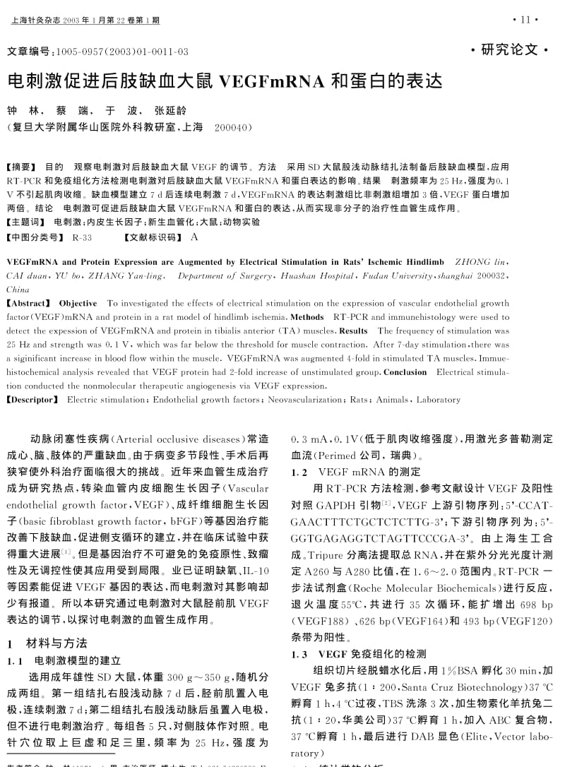 电刺激促进后肢缺血大鼠VEGFmRNA和蛋白的表达.pdf_第1页