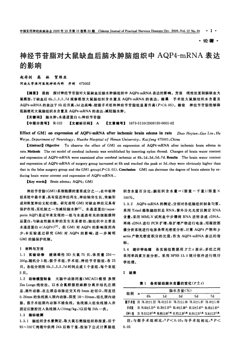 神经节苷脂对大鼠缺血后脑水肿脑组织中AQP4-mRNA表达的影响.pdf_第1页