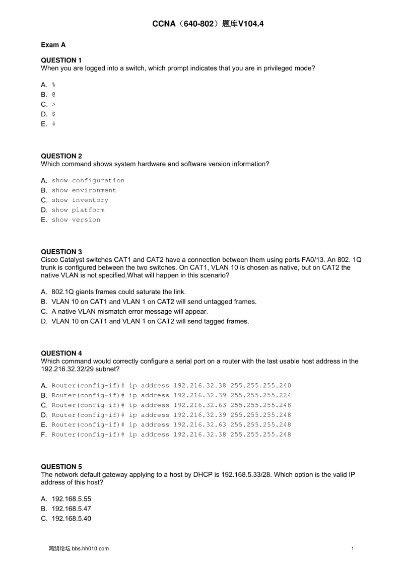 CCNA(640-802)题库V104.4(纯净打印版).pdf_第1页