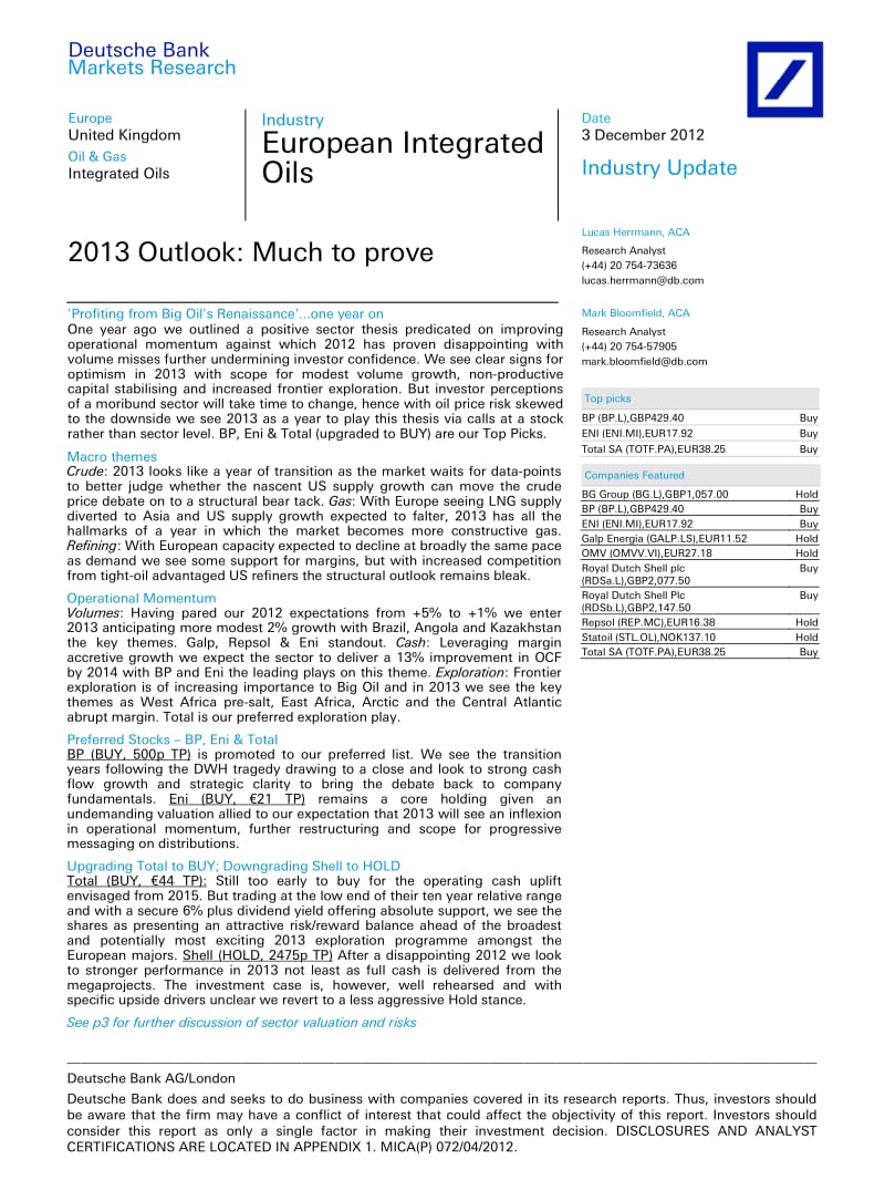 EUROPEAN_INTEGRATED_OILS_2013_OUTLOOK：MUCH_TO_PROVE-2012-12-03.pdf_第1页