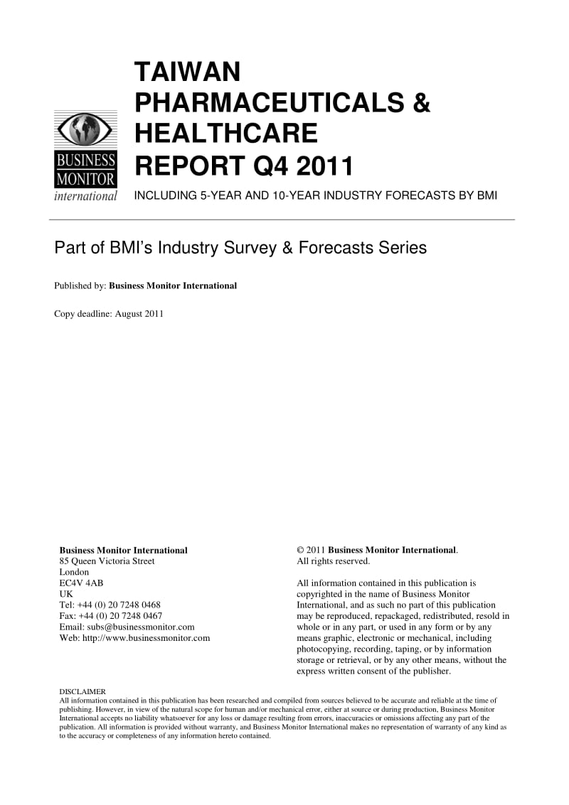 BMI Taiwan Pharmaceuticals and Healthcare Report Q4 2011.pdf_第2页