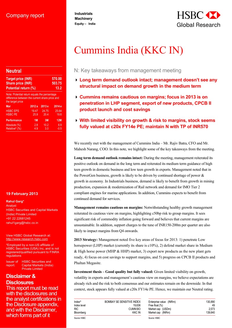 CUMMINS_INDIA(KKC_IN)_：N：_KEY_TAKEAWAYS_FROM_MANAGEMENT_MEETING-2013-02-20.pdf_第1页