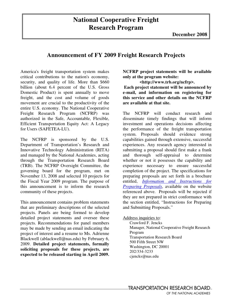 NCFRP-Announcement-of-FY-2009-FReight-Research-Projects.pdf_第1页