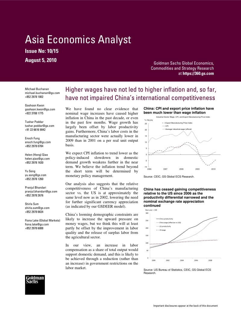 GS-Higher wages have not led to higher inflation and, so far,have not impaired China’s international competitiveness-100805.pdf_第1页