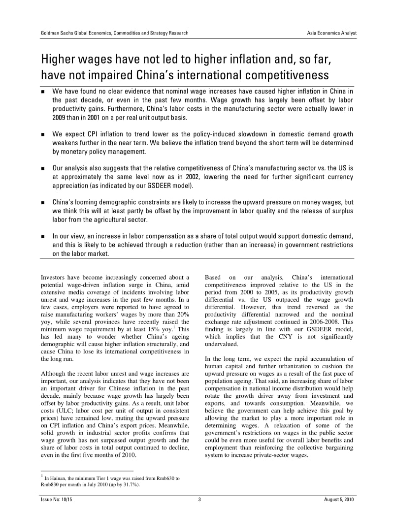 GS-Higher wages have not led to higher inflation and, so far,have not impaired China’s international competitiveness-100805.pdf_第3页