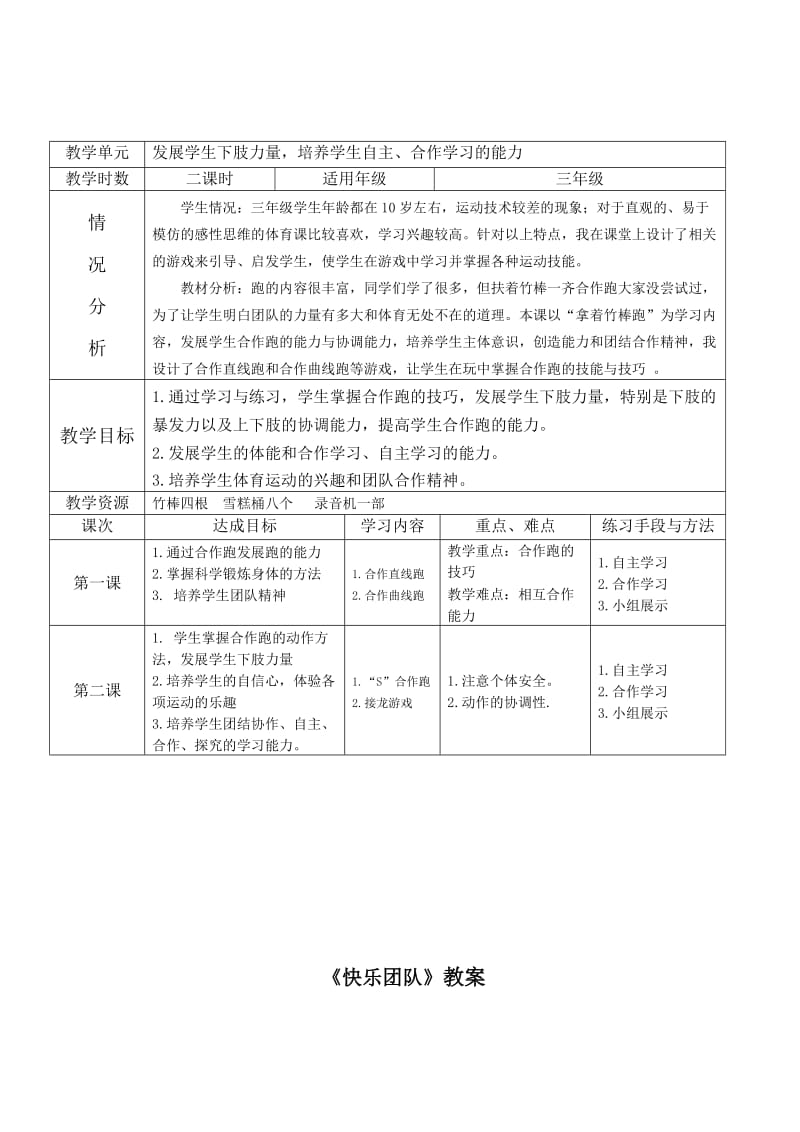 小学三年级体育《快乐团队》教学设计.doc_第2页