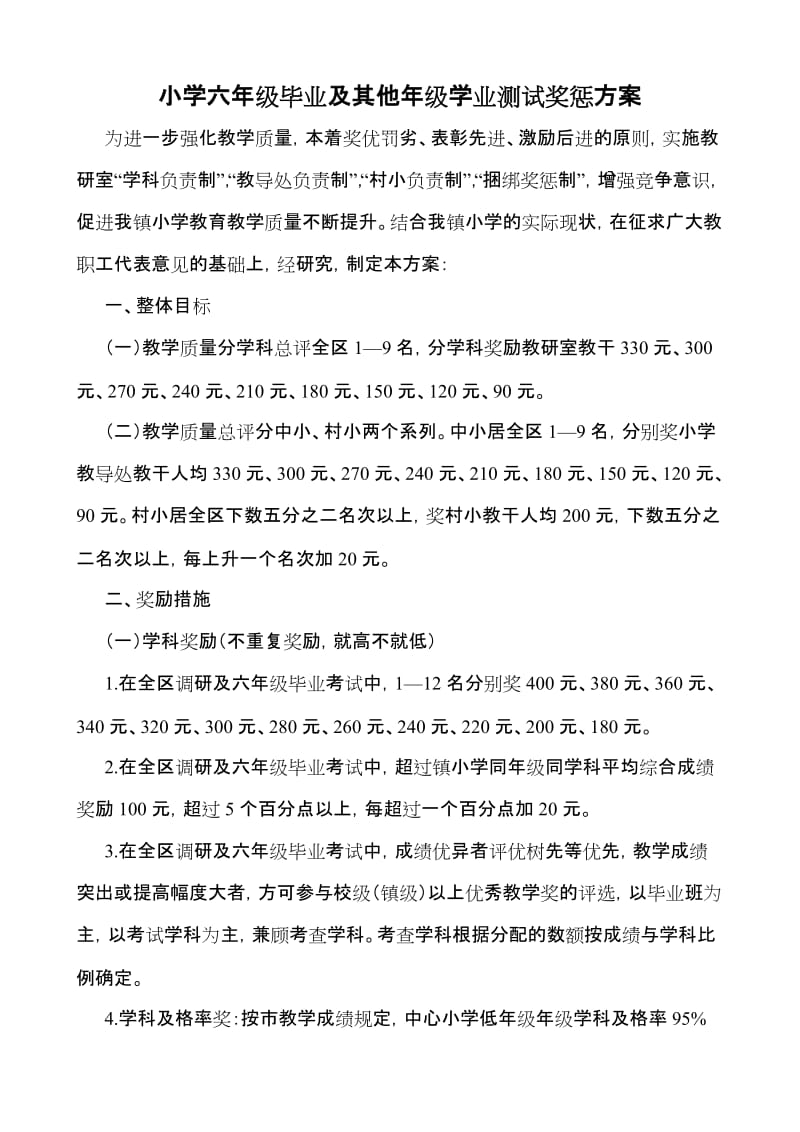 小学六年级毕业及其他年级学业测试奖惩方案.doc_第1页