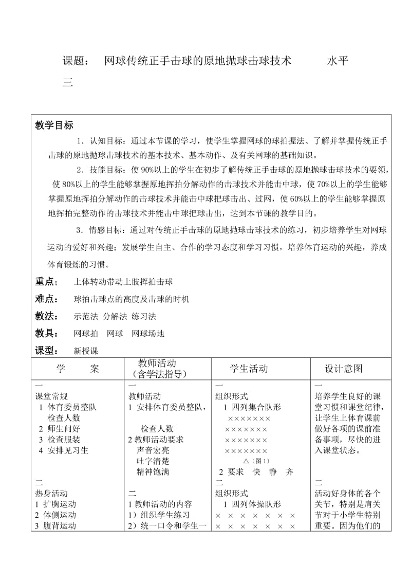 小学体育《网球传统正手击球的原地抛球击球技术》教案.doc_第1页