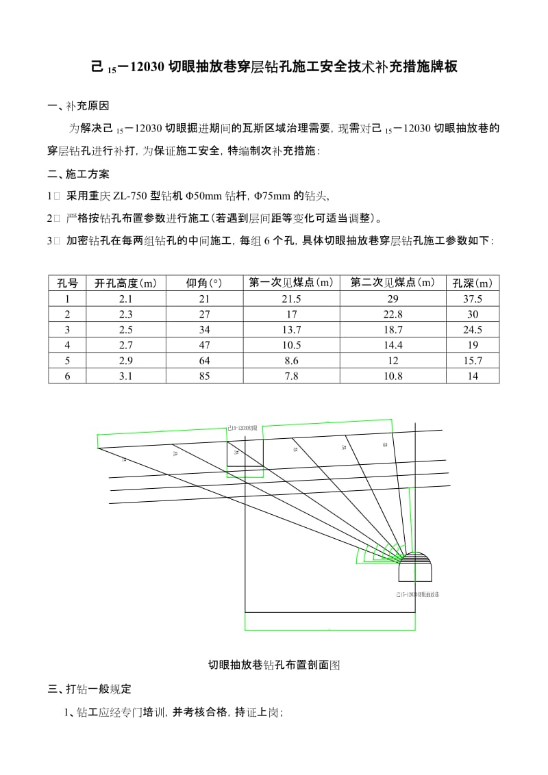 己15－12030切眼抽放巷穿层钻孔施工安全技术补充措施牌板.doc_第1页