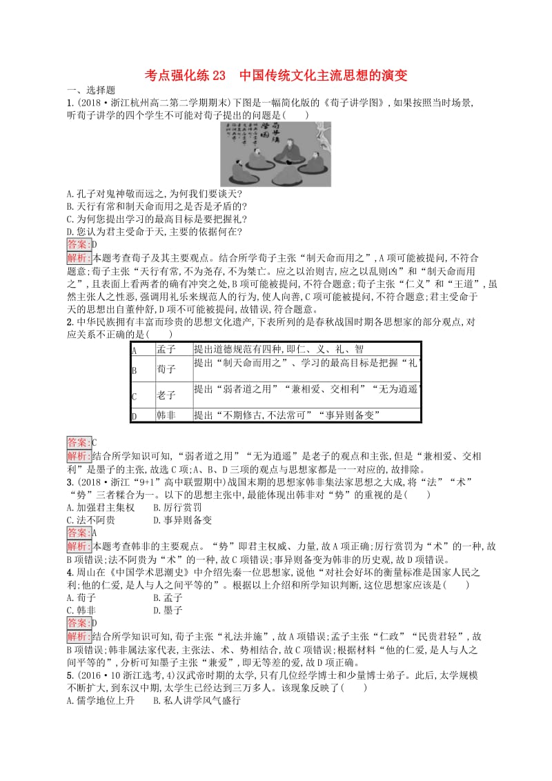 2019高考历史总复习考点强化练23中国传统文化主流思想的演.docx_第1页