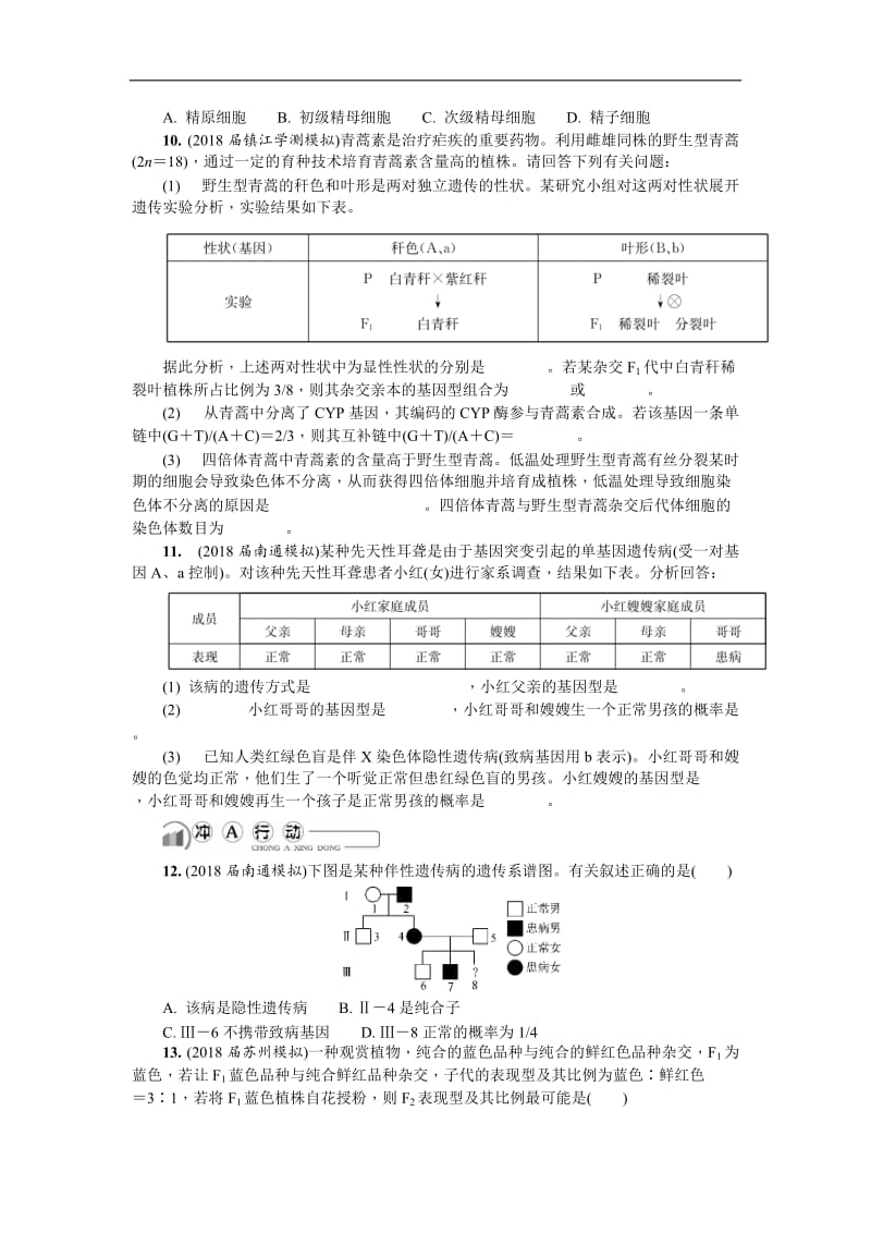 2020版江苏省生物学业水平测试复习白皮书练习：必修2 第十五讲　基因的自由组合定律和伴性遗传.doc_第2页