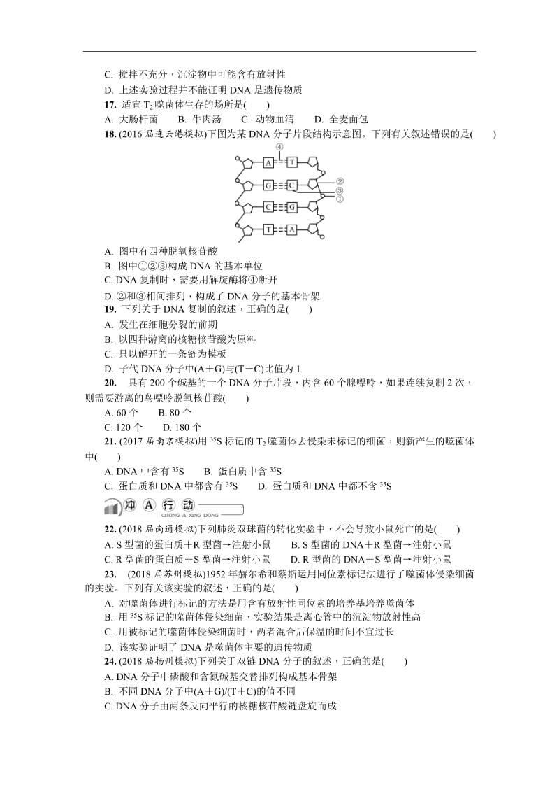 2020版江苏省生物学业水平测试复习白皮书练习：必修2 第十二讲　DNA是主要的遗传物质.doc_第3页