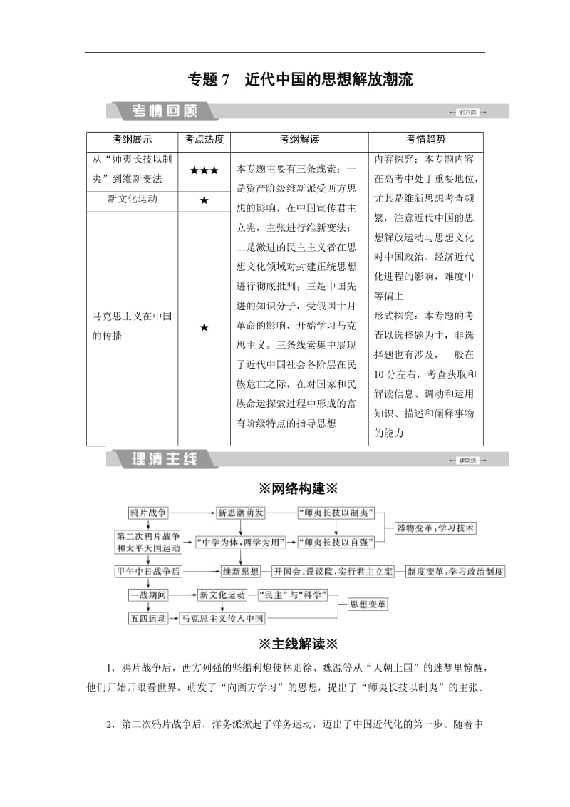 2020大二轮高考总复习历史（专题版）文档：专题7 近代中国的思想解放潮流 Word版含解析.doc_第1页