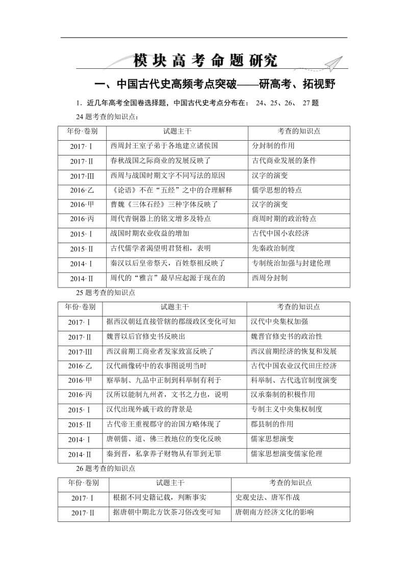 2020大二轮高考总复习历史（通史版）文档：模块01 高考命题研究1 Word版含解析.doc_第1页