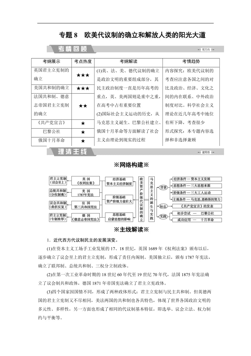 2020大二轮高考总复习历史（专题版）文档：专题8 欧美代议制的确立和解放人类的阳光大道 Word版含解析.doc_第1页