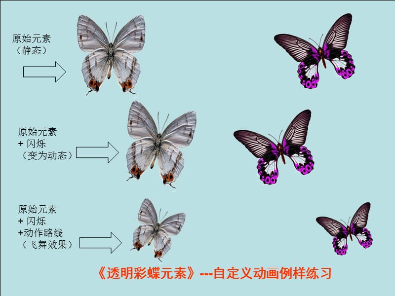 [技巧探索]彩蝶元素-飞舞效果演示,免费,文档中有原始的透明彩蝶元素15件,与喜爱的朋友分享。 .ppt_第1页