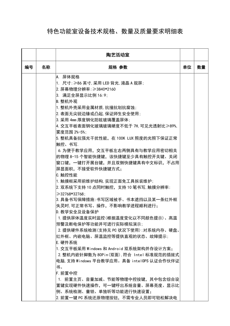 特色功能室设备技术规格、数量及质量要求明细表.doc_第1页