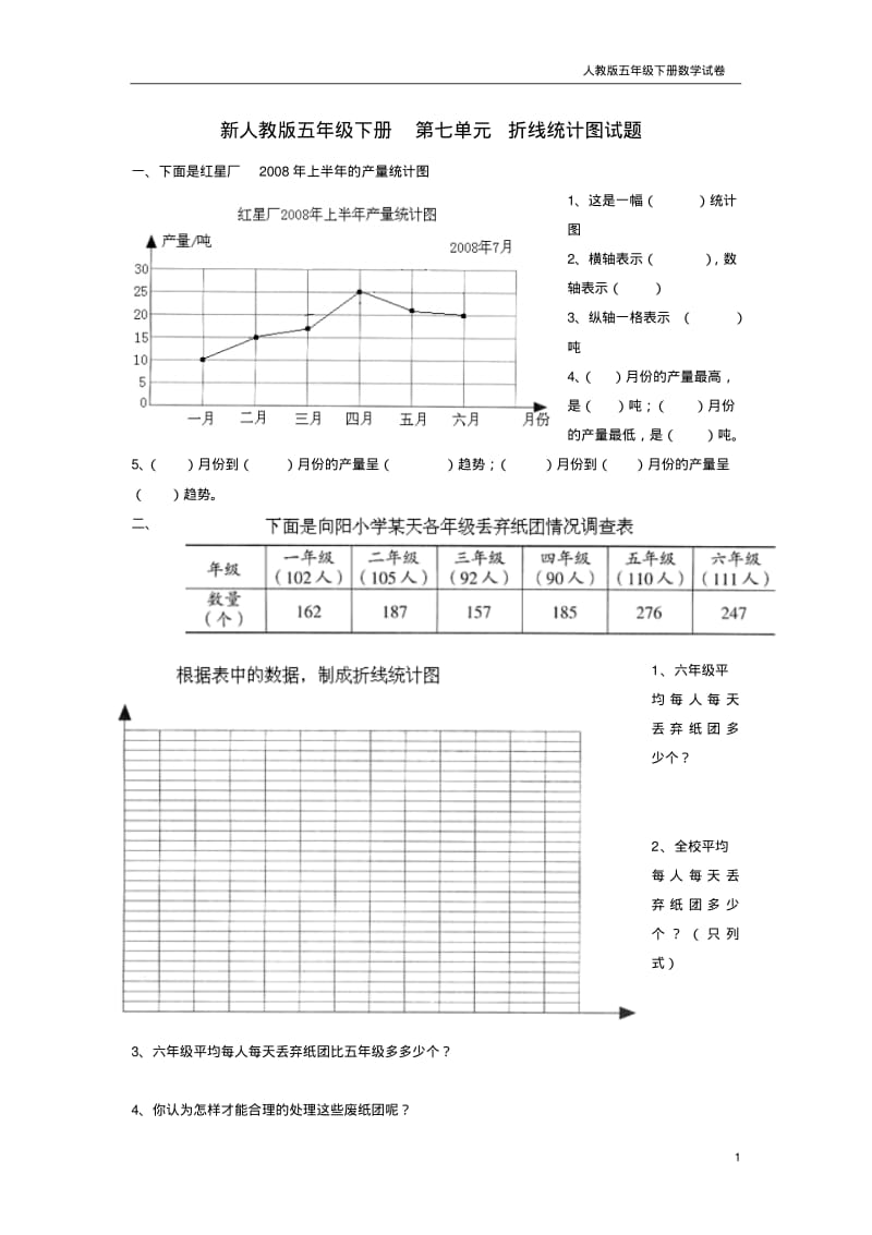 新人教版五下数学第7单元《折线统计图》测试卷.pdf_第1页