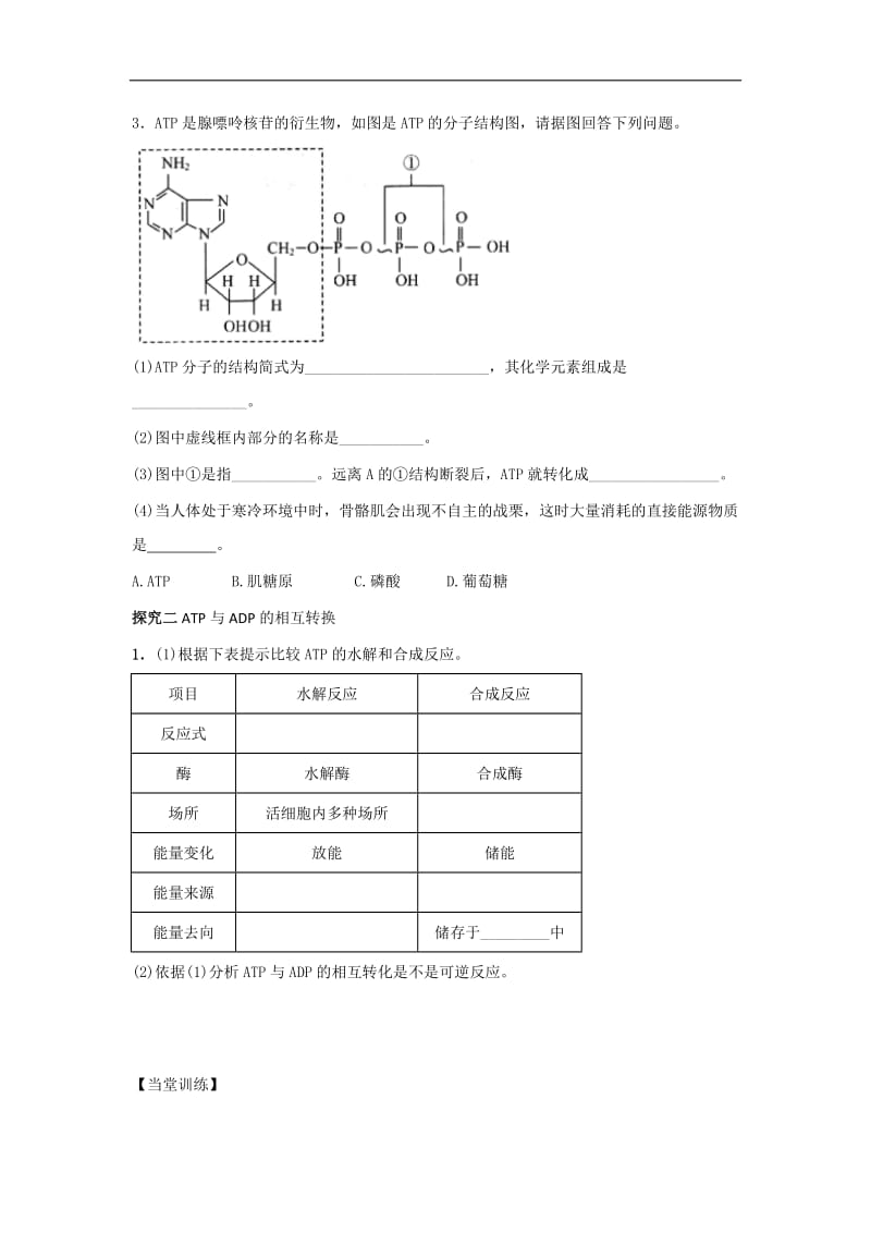 贵州省贵阳清镇北大培文学校高中生物必修一导学案：5.2细胞的能量通货——ATP .doc_第3页