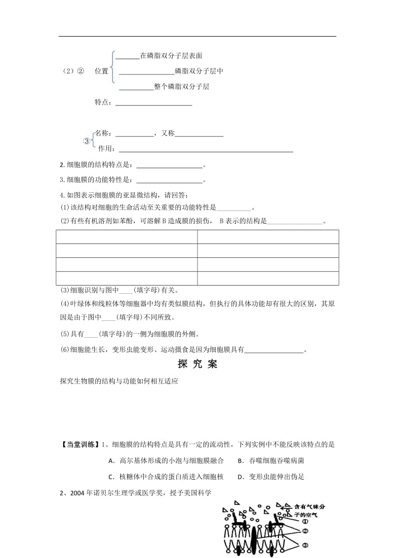 贵州省贵阳清镇北大培文学校高中生物必修一导学案：4.2生物膜的流动镶嵌模型 .doc_第2页