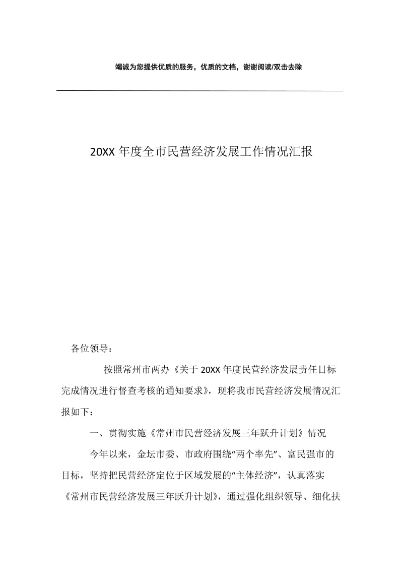 20XX年度全市民营经济发展工作情况汇报.docx_第1页