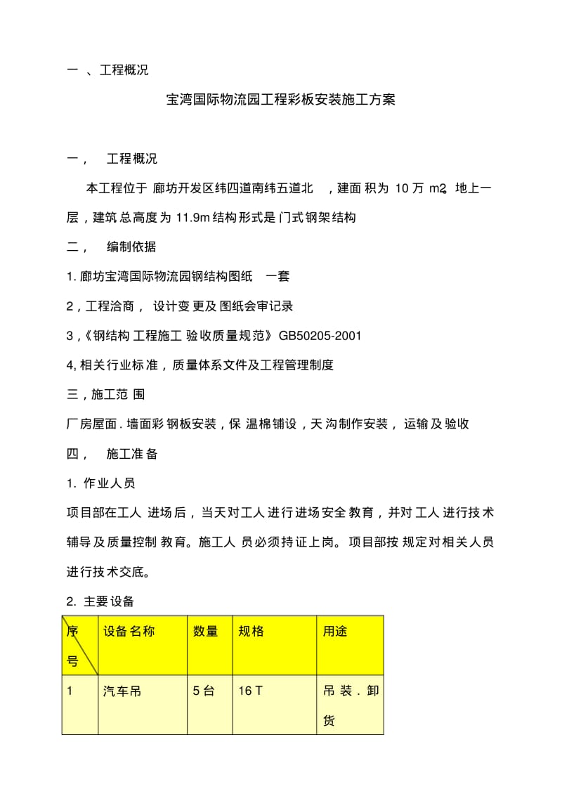 钢结构屋面彩板安装施工方案.pdf_第1页