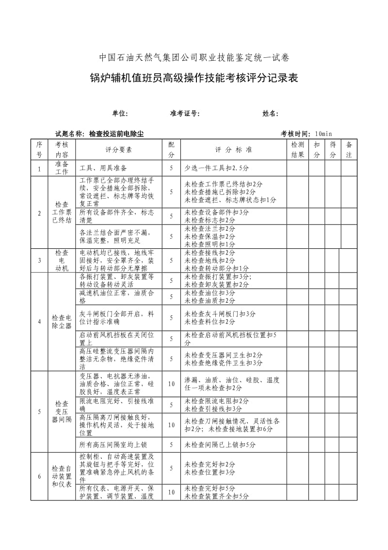 中国石油天然气集团公司职业技能鉴定统一试卷-锅炉辅机值班员高级操作技能考核评分记录表.doc_第1页