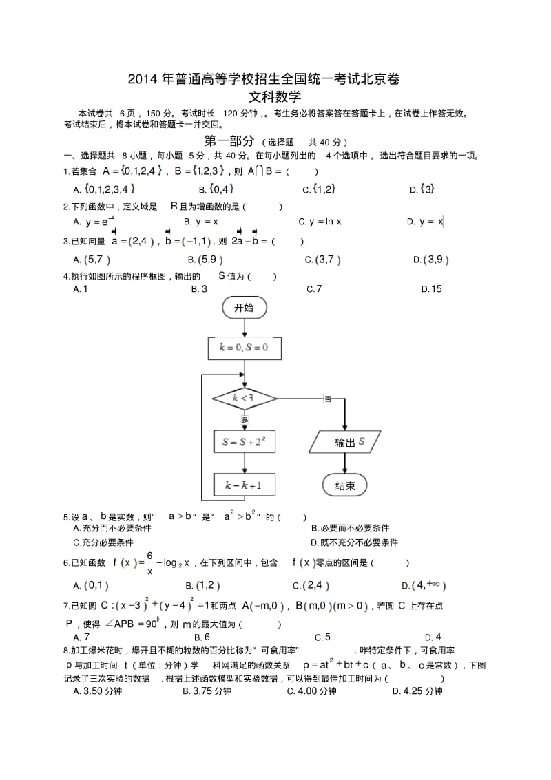 2014年北京高考文科数学试题及答案(Word版).pdf_第1页