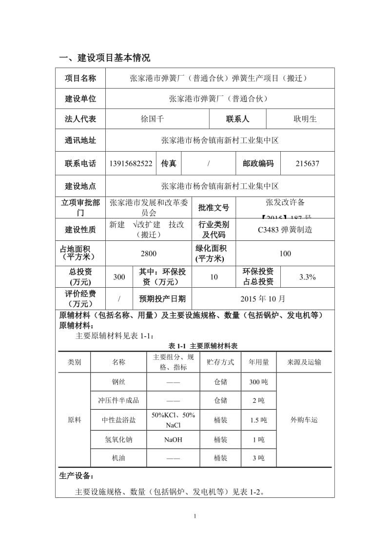 环境影响评价全本公示，简介：张家港市弹簧厂（普通合伙）弹簧生产项目全本公示环评公众参与1667.doc_第1页