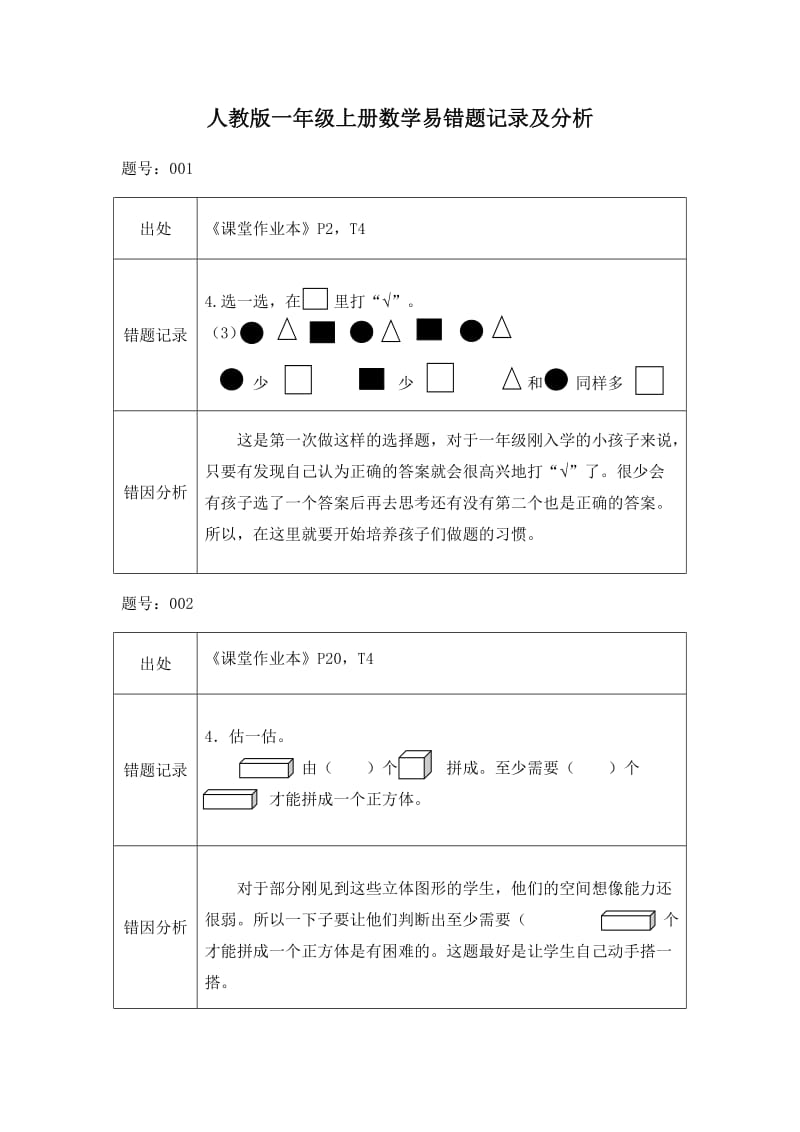 人教版一级上册数学易错题记录与分析.doc_第1页