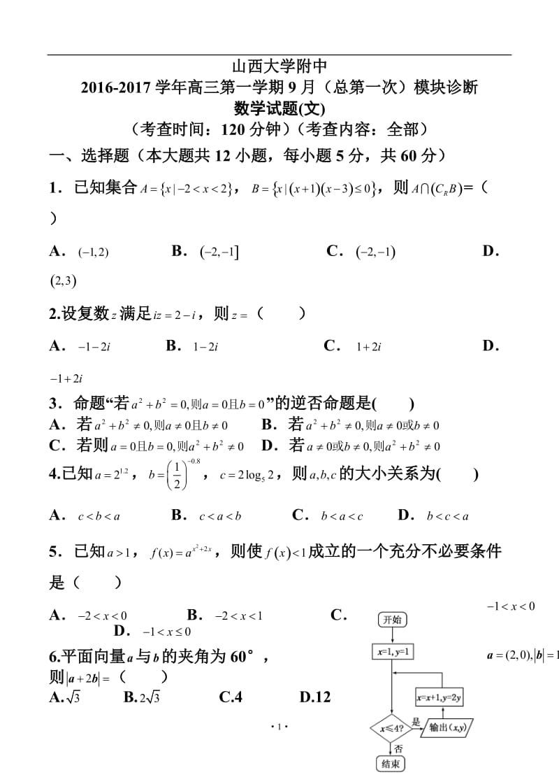 山西大学附中高三上学期9月月考 文科数学试题及答案.doc_第1页