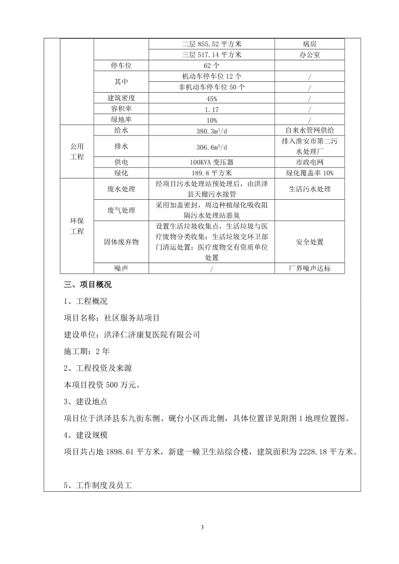 环境影响评价报告全本公示，简介：报告表1社区服务站项目洪泽县人民路12号洪泽仁济康复医院有限公司安徽省四维环境工程有限公司刘义龙陈军梁翠荣0517-87210018hzx.doc_第3页