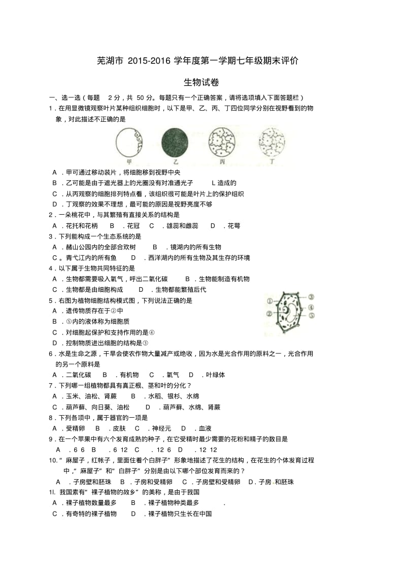 安徽省芜湖市七年级生物上学期期末试题新人教版.pdf_第1页