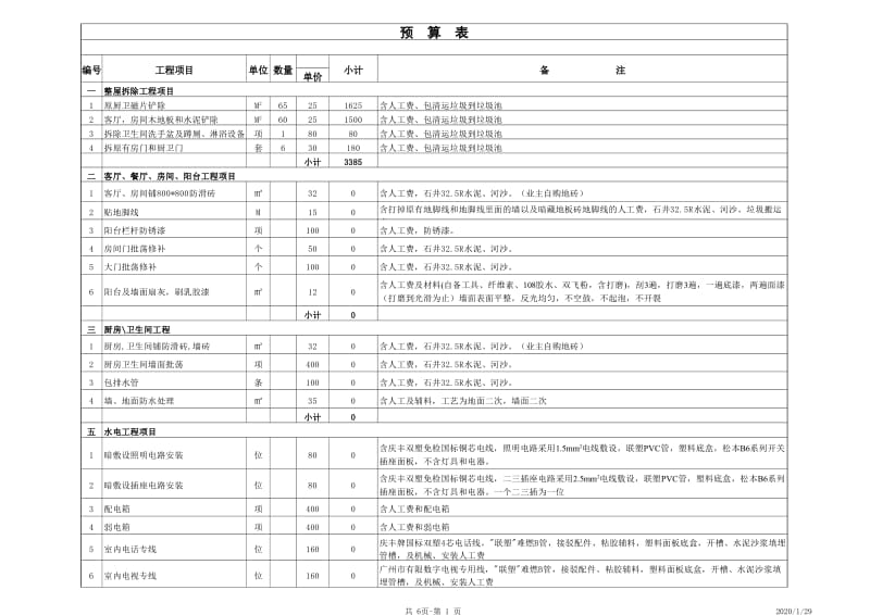 装修预算表EXCEL样本图表模板（套用即可） .xls_第1页