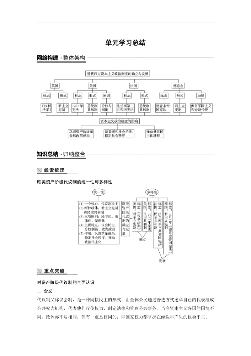 2019-2020学年历史人教版必修1学案：第三单元　近代西方资本主义政治制度的确立与发展 学习总结 Word版含解析.docx_第1页