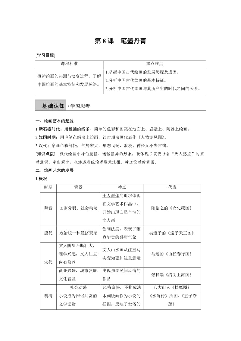 2019-2020学年历史岳麓版必修三学案：第二单元 第8课 笔墨丹青 Word版含解析.docx_第1页