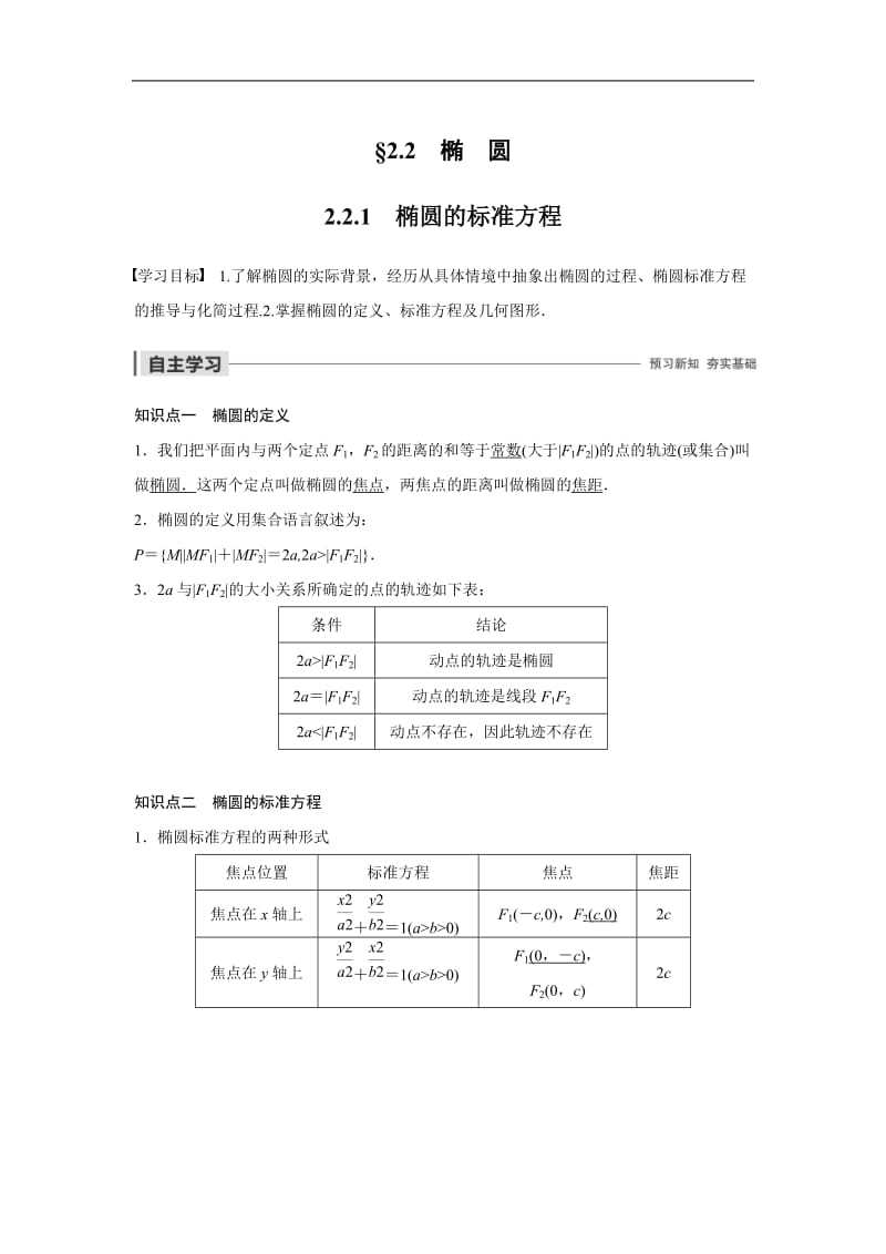 2020版数学人教B版选修2-1学案：第二章 2.2.1 椭圆的标准方程 Word版含解析.docx_第1页